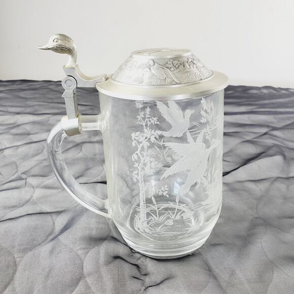 VTG Beer Stein Duck Mallard Etched Glass Pewter Lid 6” Beer Mug France Germany - Picture 4 of 11